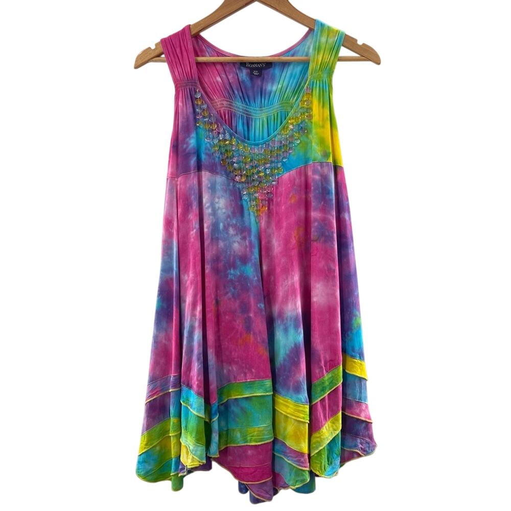 Roaman’s Bright Breezy Smocked Racerback Tunic Embellished Neckline Size 16W - Picture 1 of 6